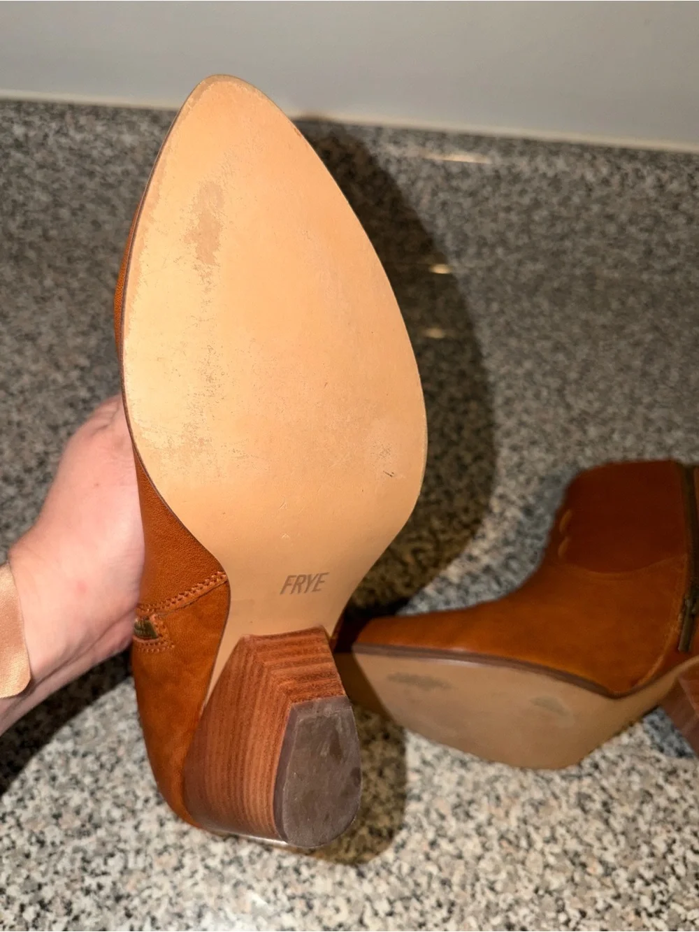 Frye Cognac Leather Ankle Booties with Stacked Heel